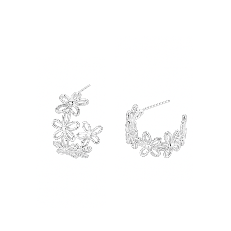 Silver Daisy Bloom Hoop Earrings
