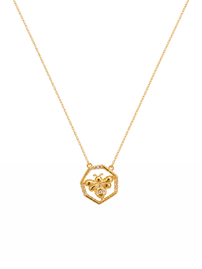 Gold Plated Sterling Silver Bee Hexagon Necklace