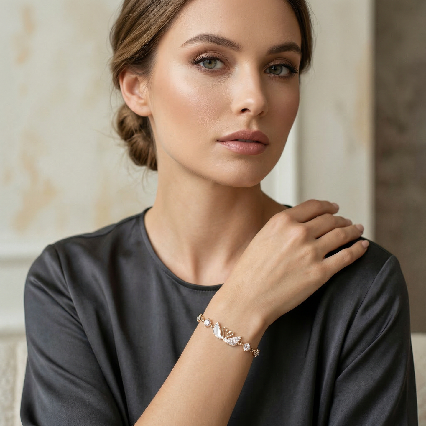 Romantic Double Swan Zircon Gold Plated Bracelet