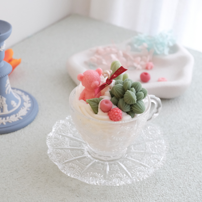Terrarium Delight Premium Tea Cup Candle with Teddy Bear — Miss Blooms soy candle gift in ornate crystal cup with pink bear and succulent wax, Canberra handmade