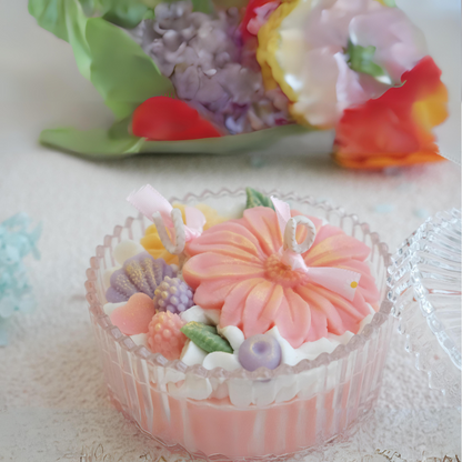 Miss Blooms Flower Bowl Candle overhead view showing colourful mixed wax flower arrangement in crystal bowl