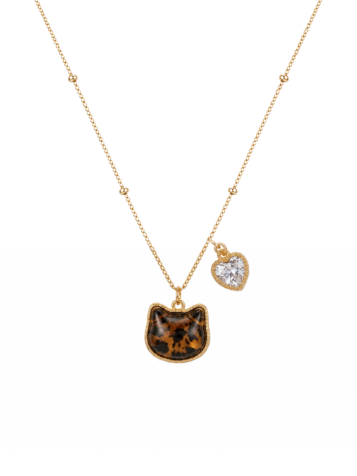 Gold Plated Cat Pendant Necklace with Heart Zircon Charm