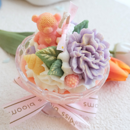 Miss Blooms Blossom Big Sundae Candle from the side showing full height of sundae glass with floral wax topping