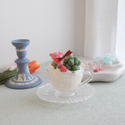 Terrarium Delight Premium Vintage Tea Cup Candle with Teddy Bear