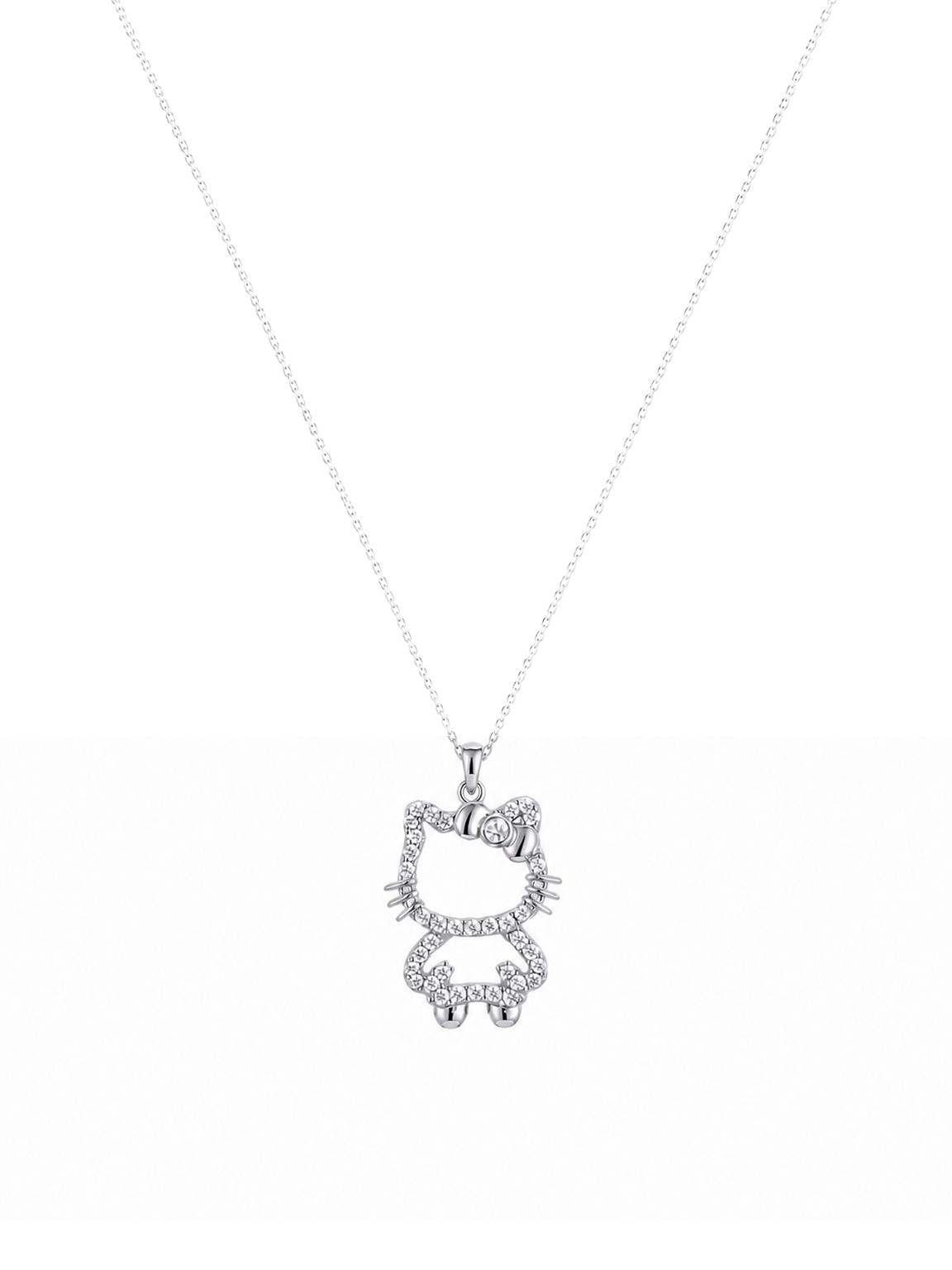 Rhodium Plated Silver Cat Pendant Necklace