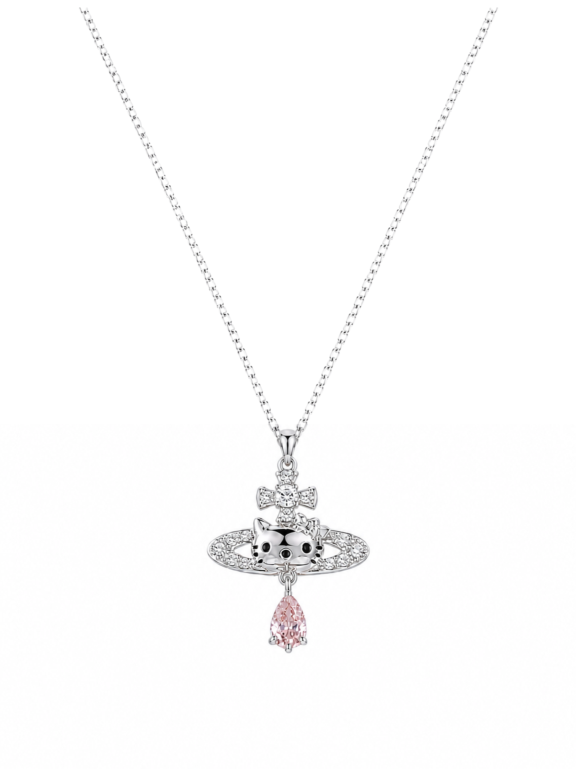 Rhodium Plated Cat Orbit Pendant Necklace with Pink Drop Charm