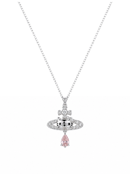 Rhodium Plated Cat Orbit Pendant Necklace with Pink Drop Charm