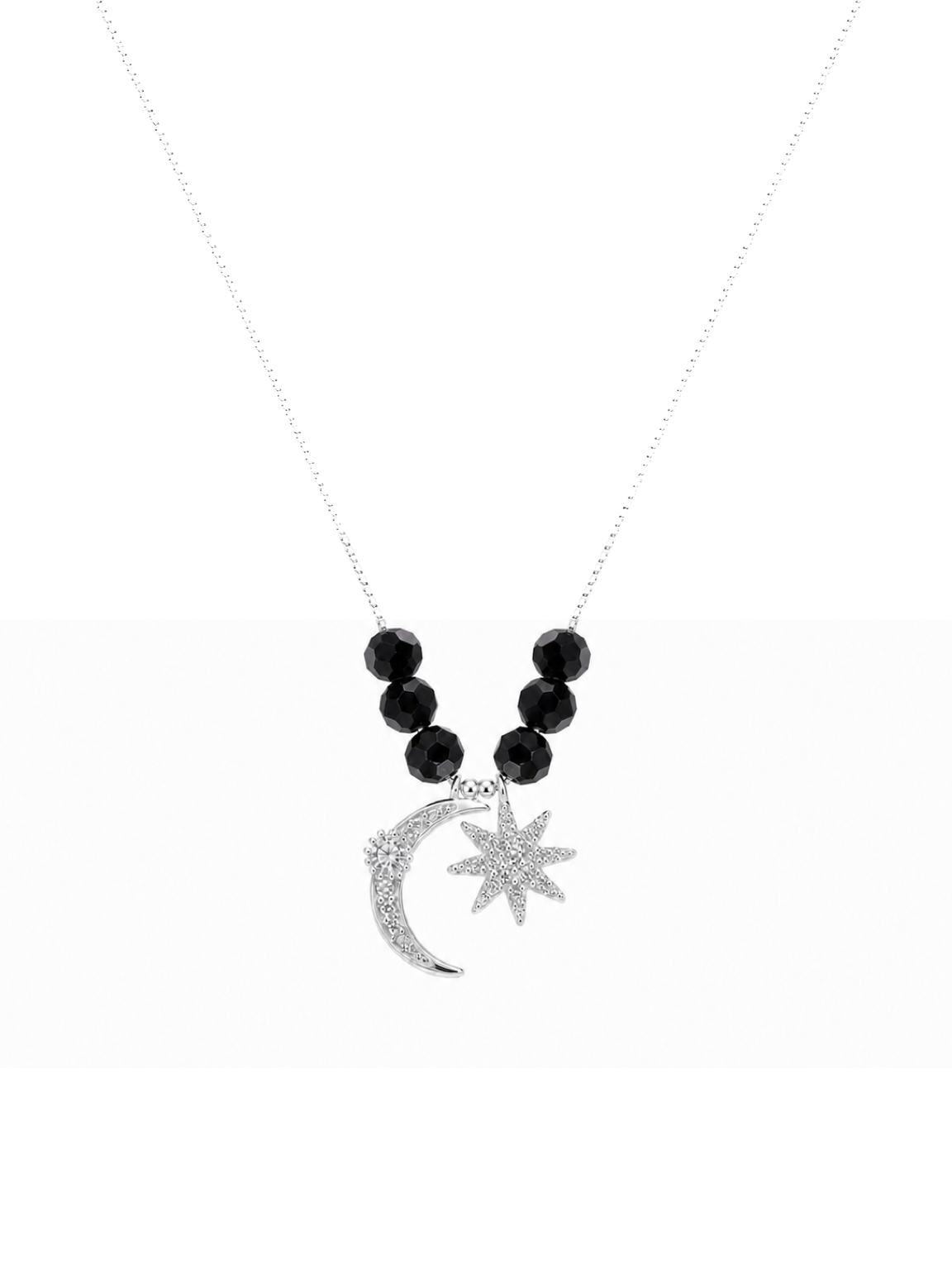Rhodium Plated Moon & Star Pendant Necklace with Black Beads