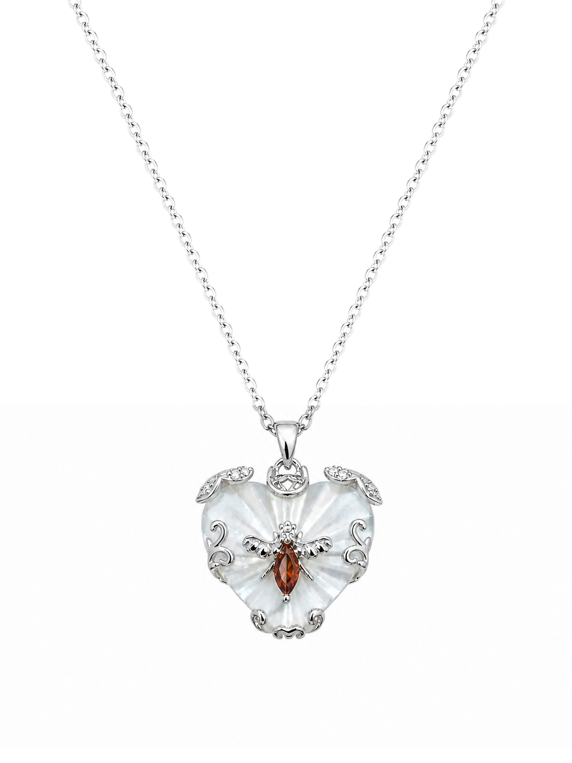 Rhodium Plated Heart Pendant Necklace with Amber Accent