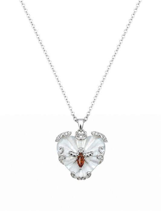 Rhodium Plated Heart Pendant Necklace with Amber Accent