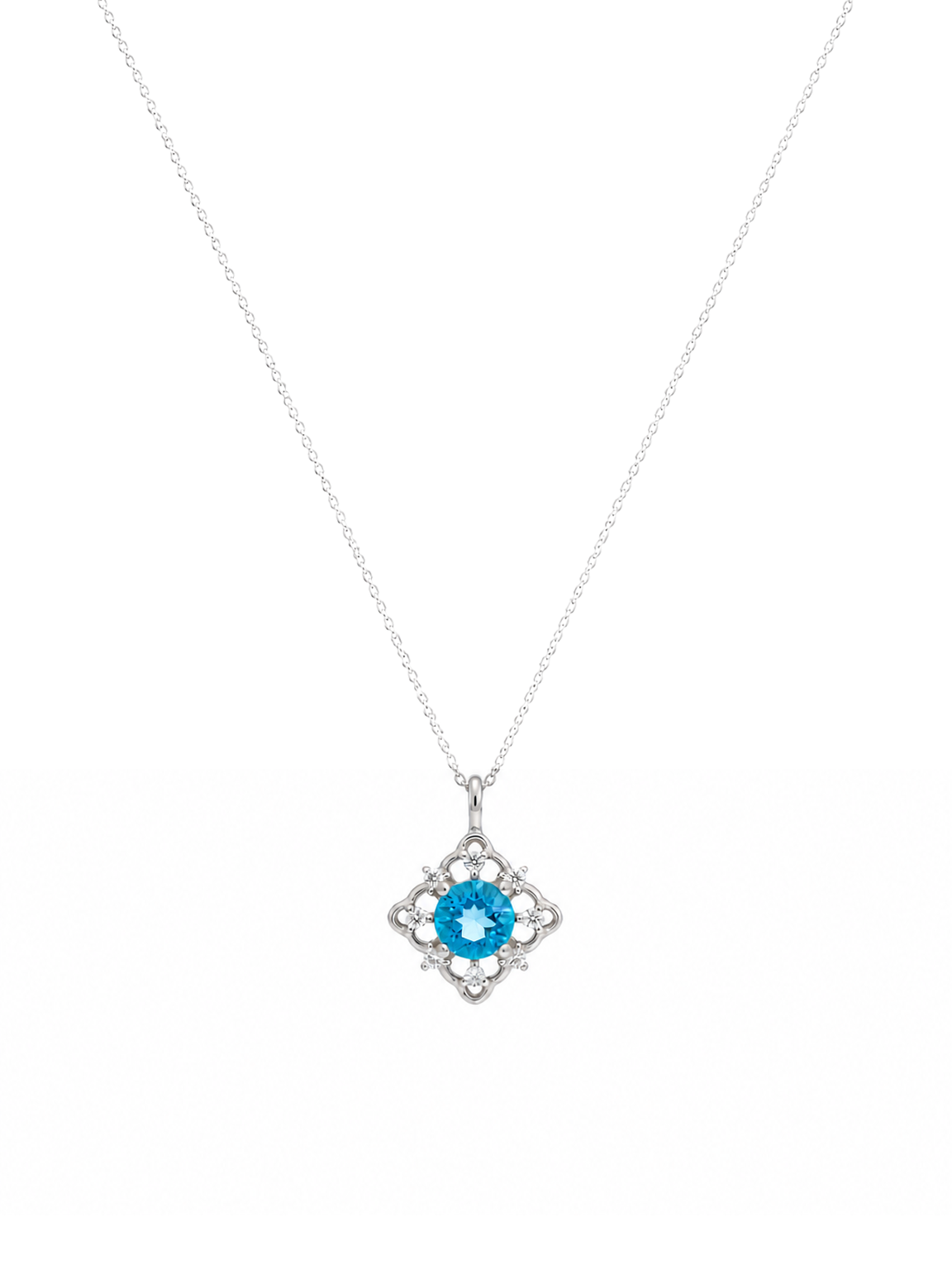 Sterling Silver Rhodium Plated Necklace with Blue CZ Pendant
