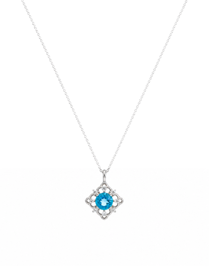 Sterling Silver Rhodium Plated Necklace with Blue CZ Pendant