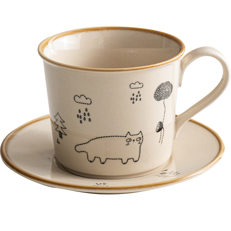 Whimsical Cat Teacup with Saucer