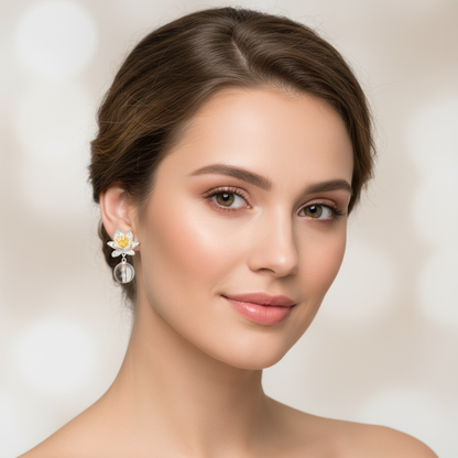 Silver Lotus Crystal Drop Earrings