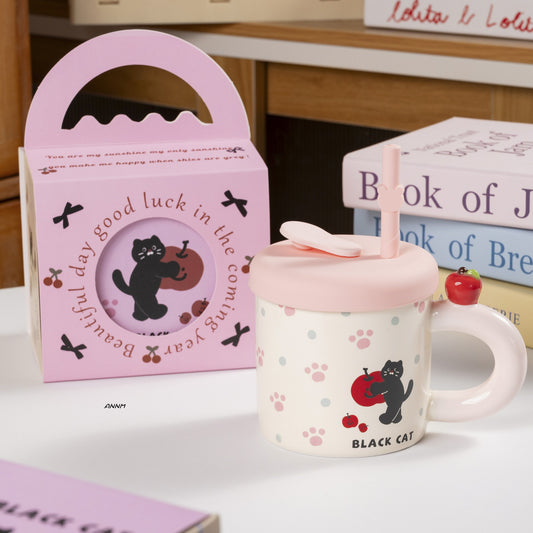 Black Cat Ceramic Mug with Lid & Straw