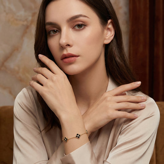 Elegant Black Four-Leaf Clover Gold Plated Bracelet