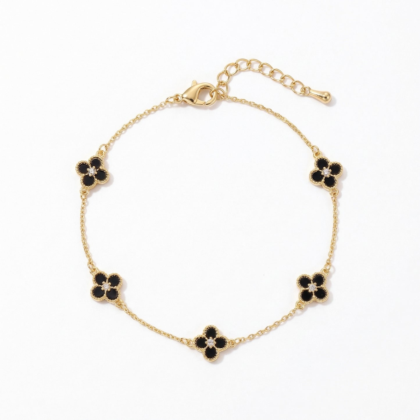 Elegant Black Four-Leaf Clover Gold Plated Bracelet