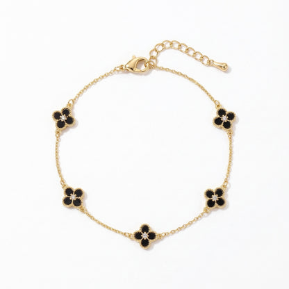 Elegant Black Four-Leaf Clover Gold Plated Bracelet