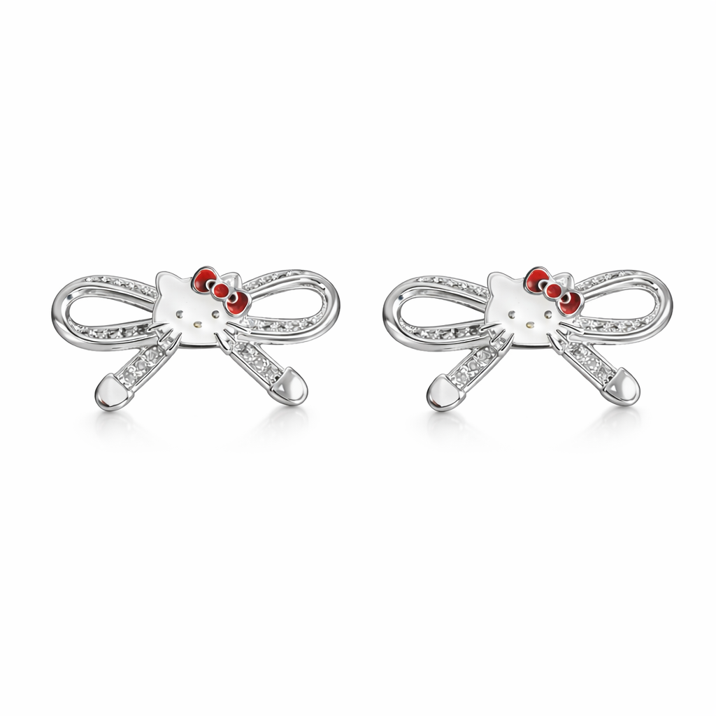 Sparkling Crystal Kitty Ribbon Bow Sterling Silver Stud Earring