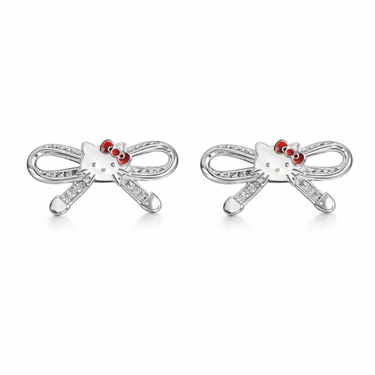 Sparkling Crystal Kitty Ribbon Bow Sterling Silver Stud Earring