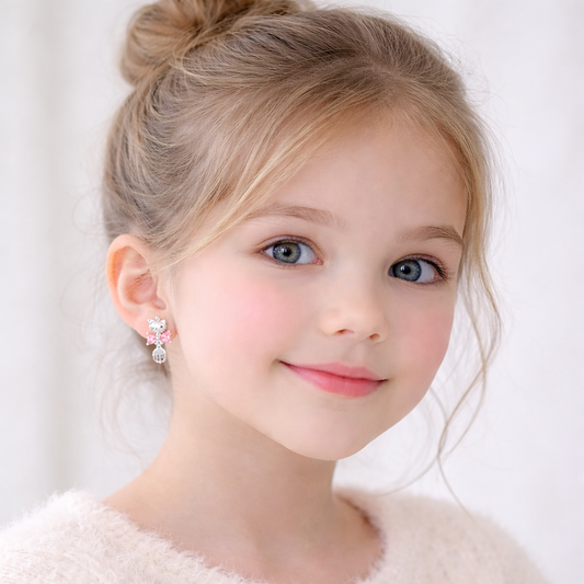 Silver Pave Cat and Fork Earrings with Pink Zirconia Bow