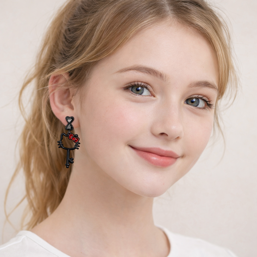 Dark Silver Hello Kitty Key Drop Earrings