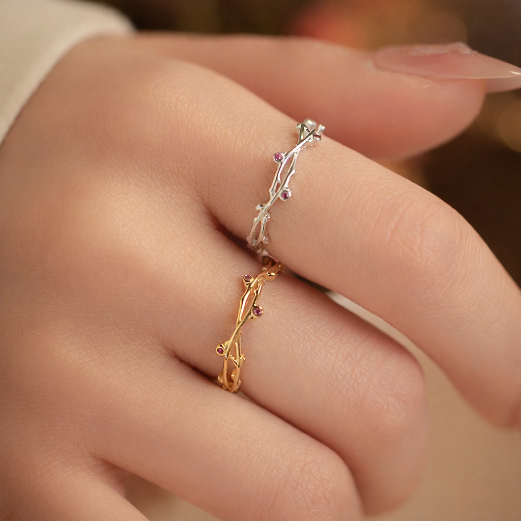 Delicate Botanical Vine Zircon Rhodium Sterling Silver Rings