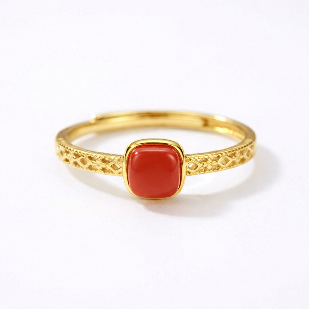 Vintage Square Cinnabar Adjustable Sterling Silver Rings