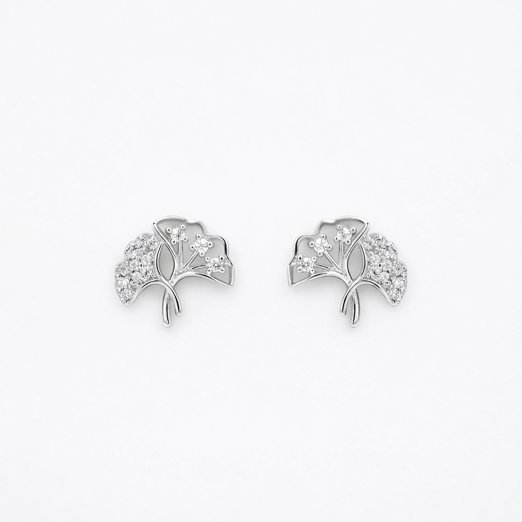 Petite Ginkgo Leaf Zircon Rhodium Plated Sterling Silver Earring