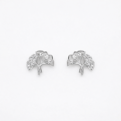 Petite Ginkgo Leaf Zircon Rhodium Plated Sterling Silver Earring