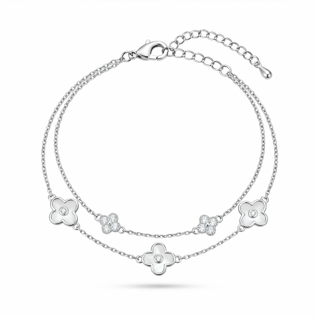 Elegant White Clover Double Chain Gold Plated Bracelet