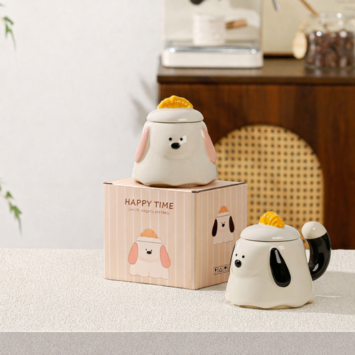 Cute Puppy Ceramic Mug with Lid – Tail Handle