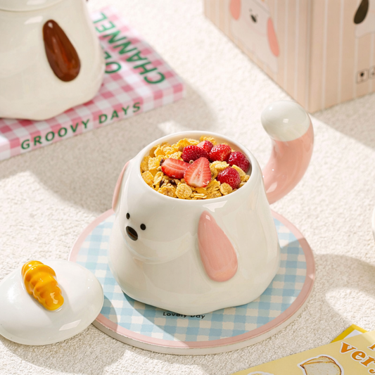 Cute Puppy Ceramic Mug with Lid – Tail Handle