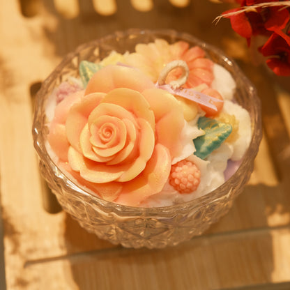 Miss Blooms Blossom Pineapple Jar Candle from the side showing cut-crystal bowl and lid with Miss Blooms blue satin bow