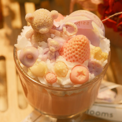 Miss Blooms Giant Sundae Candle top view showing bear, fruit and candy wax arrangement