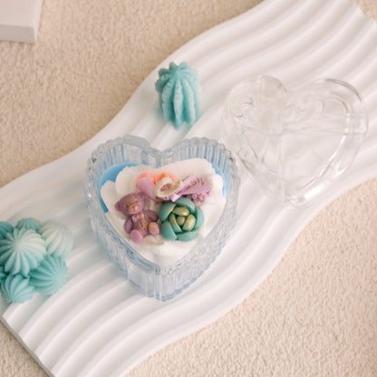Miss Blooms Cozy Heartscape Cactus Candle on white wavy tray — heart crystal jar soy candle with succulent and cactus wax decorations, Canberra handmade