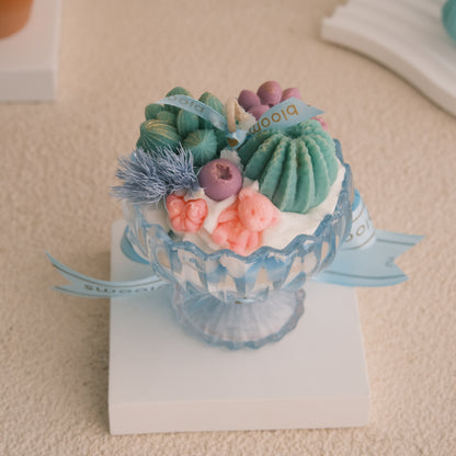 Miss Blooms Cactus Candle top view — teal succulent, cactus and botanical wax garden in pedestal glass, Australian Bush Lemongrass soy candle Canberra