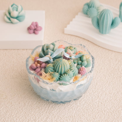 Miss Blooms Desert Bloom Bowl Cactus Candle — scalloped crystal bowl with teal cactus, succulent and dried botanical garden, Australian Bush soy candle Canberra