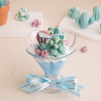 Miss Blooms Parfait Cactus Candle — martini parfait glass with teal succulent, cactus and wax flora garden, Australian Bush soy candle Canberra Australia