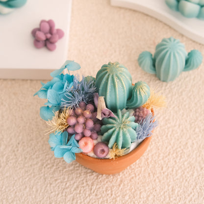 Miss Blooms Mini Pots Trio aerial view — three terracotta cactus soy candles with wax botanical gardens, Australian Bush and Lemongrass scent handmade in Canberra