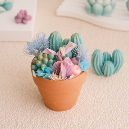 Miss Blooms terracotta pot cactus candle close-up — wax barrel cactus, blue hydrangea and berry garden in clay pot, handmade soy candle Canberra Australia