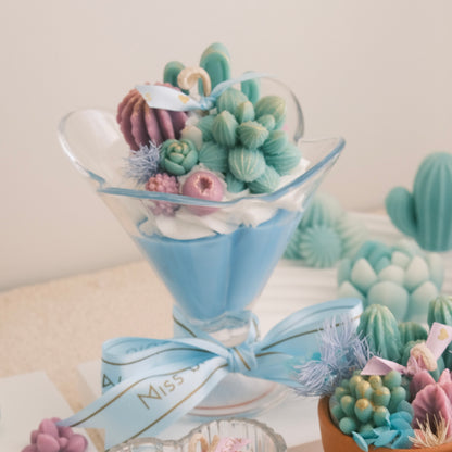 Parfait Cactus Candle angled view — Miss Blooms soy candle in martini glass with wax succulent arrangement, Lemongrass & Persian Lime scent handmade Canberra