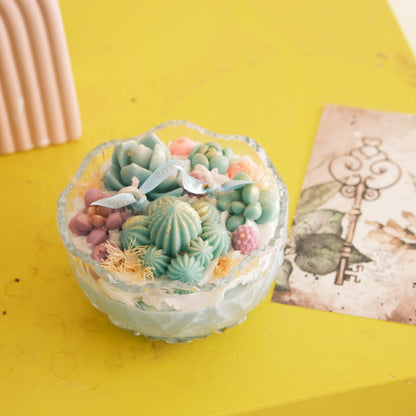 Desert Bloom Bowl Cactus Candle side view — Miss Blooms botanical soy candle in scalloped bowl with succulent wax sculptures, handmade in Canberra Australia