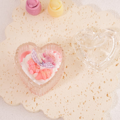 Miss Blooms Eternal Love Jar Candle showing pink bear and glitter wax art in heart glass