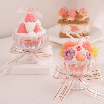 Miss Blooms Sweet Treats Small Sundae Candle Strawberry Tower style in pink pedestal glass with Miss Blooms ribbon