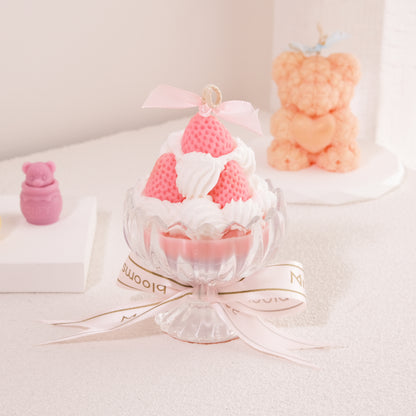 Miss Blooms Small Sundae Candle close-up showing handcrafted wax strawberry decorations
