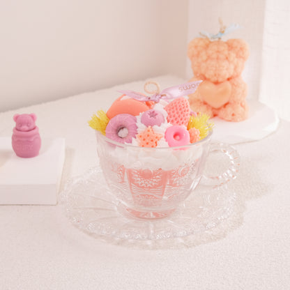 Miss Blooms Vintage Teacup Candle Set showing teacup and saucer with elaborate wax dessert toppings