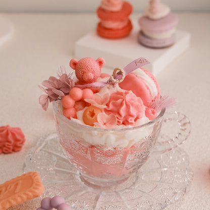 Miss Blooms Teddy Bear Teacup Candle showing vintage crystal teacup with pink bear wax and flower decorations