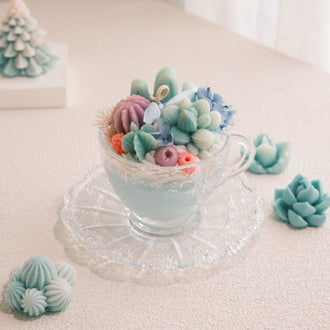 Miss Blooms Terrarium Delight Premium Vintage Tea Cup Candle — ornate crystal tea cup with teal succulent, cactus and floral wax garden, Australian Bush scent handmade Canberra