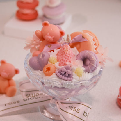 Miss Blooms Large Sundae Candle top view showing full arrangement of pastel wax bear, macarons and candy decorations